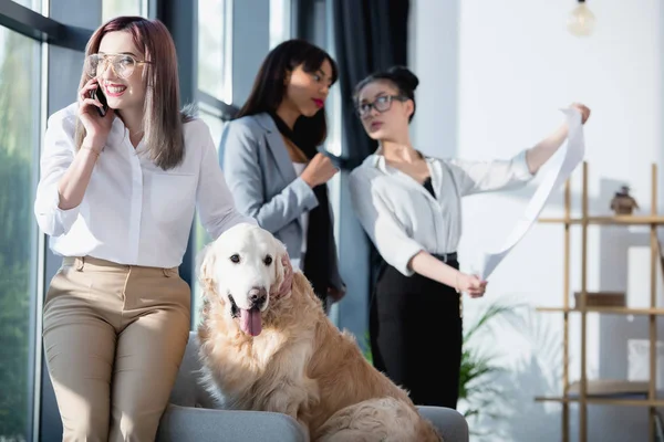 Mujer de negocios hablando en el teléfono inteligente mientras acaricia perro - foto de stock