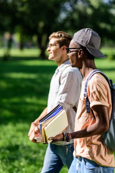 Estudiantes multiétnicos con libros en el parque - foto de stock