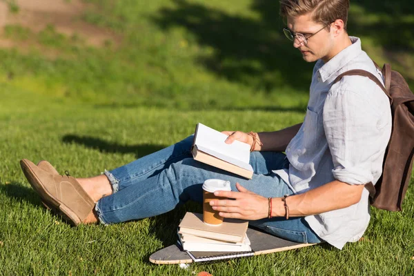 Hombre leyendo libro en parque - foto de stock