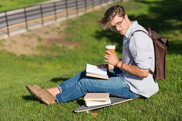 Hombre leyendo libro en parque - foto de stock