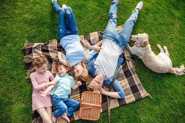 Famiglia con cane al picnic — Foto stock