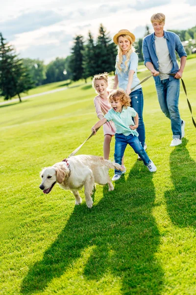 Familia con perro paseando en el parque - foto de stock