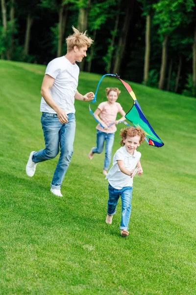 Heureux famille jouer avec cerf-volant — Photo de stock