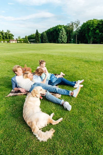 Familia con perro en el picnic - foto de stock