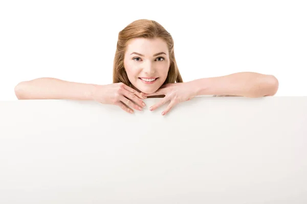 Mulher segurando cartaz em branco — Fotografia de Stock