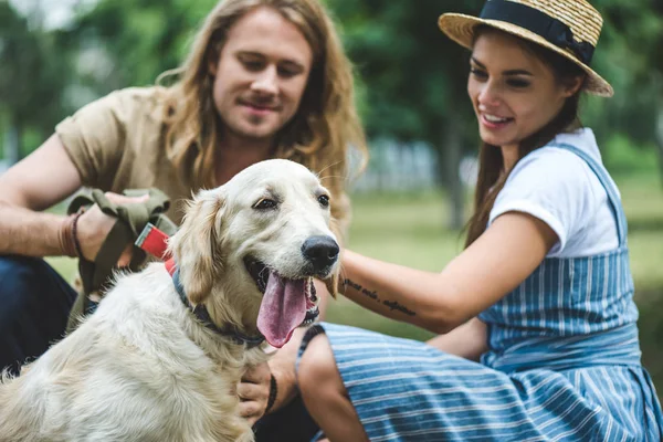 Pareja caminando con perro - foto de stock