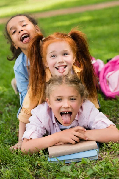 Studentesse multietniche con libri nel parco — Foto stock