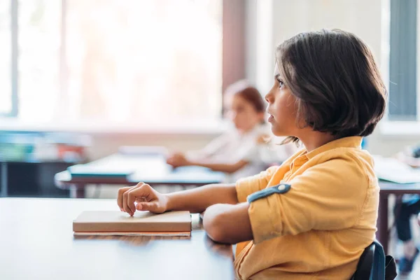 Colegiala concentrada sentada en clase - foto de stock