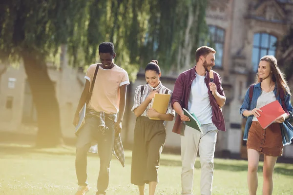 Estudiantes multiculturales caminando en el parque - foto de stock