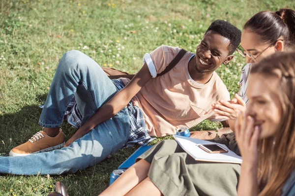 Multiethnic students studying on grass — Stock Photo