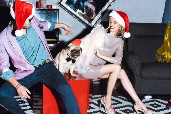 Couple avec carlin dans le chapeau de Père Noël — Photo de stock