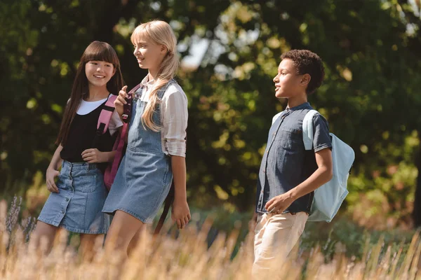 Adolescentes multiétnicos caminando en el parque - foto de stock
