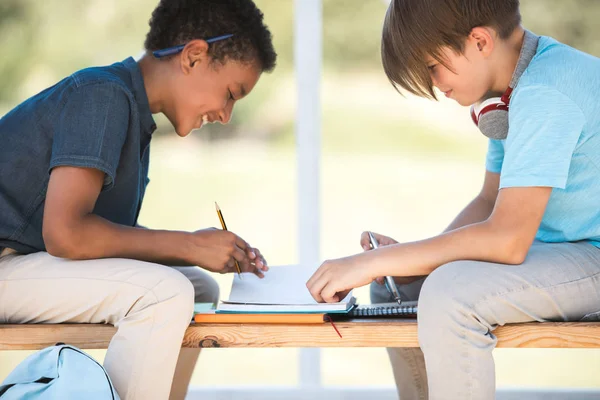 Chicos multiétnicos estudiando juntos - foto de stock