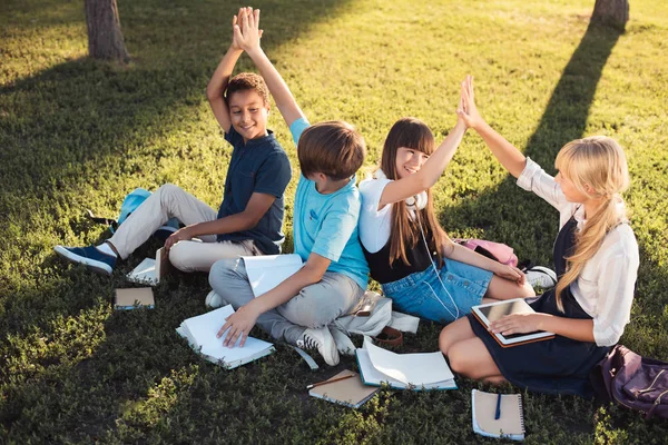 Adolescentes multiétnicos estudiando en el parque - foto de stock