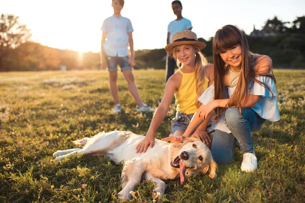 Подростки с собакой в парке — стоковое фото
