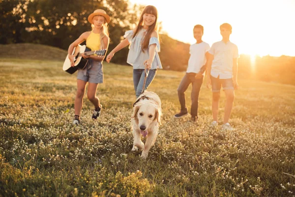 Подростки с собакой гуляют в парке — стоковое фото