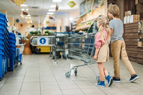 Kids with shopping cart in supermarket — Stock Photo