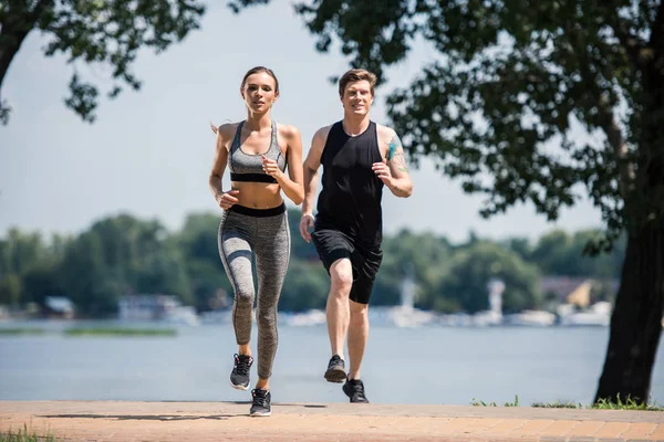 Pareja deportiva trotando en el parque - foto de stock