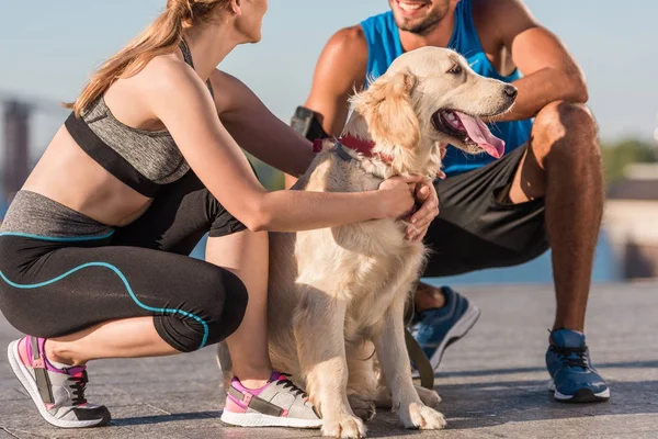 Sports couple with dog — Stock Photo