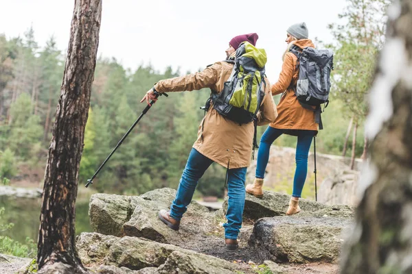 Casal trekking na floresta — Fotografia de Stock