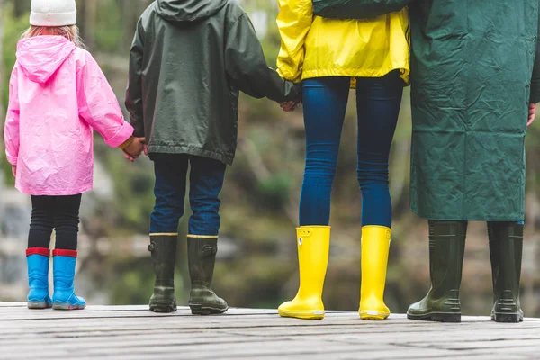 Семья стоит на деревянном мосту — стоковое фото