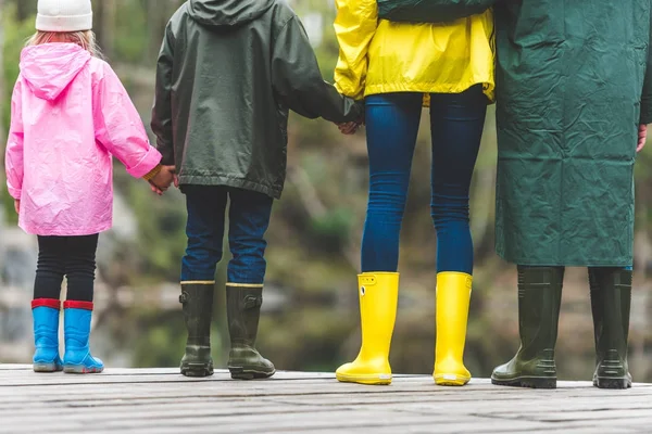 Familia de pie sobre puente de madera - foto de stock