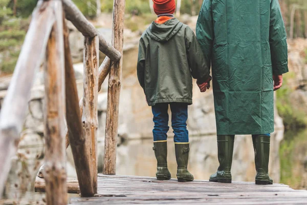Батько і син стоять на мосту в лісі — стокове фото
