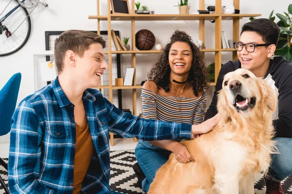 Улыбающиеся мультикультурные подростки ласкают собаку дома — стоковое фото