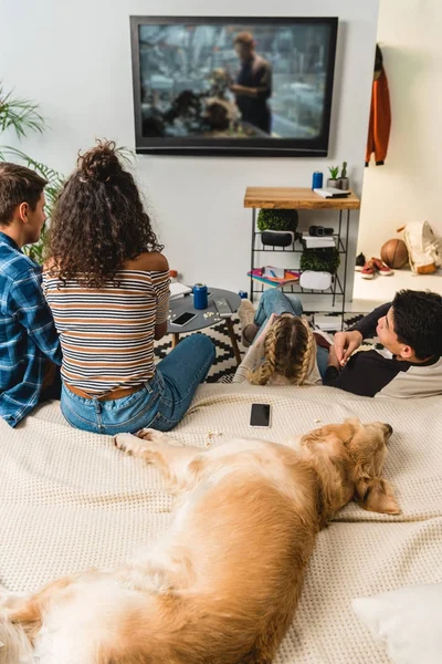 Jugendliche spielen Videospiel und Hund liegt im Bett — Stockfoto