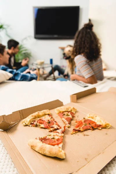 Grupo de amigos viendo la televisión con pizza en primer plano - foto de stock