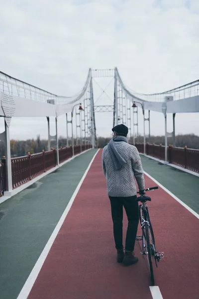 Vista posteriore di uomo elegante con bicicletta in piedi sul ponte pedonale — Foto stock