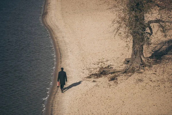 Vista de ángulo alto del hombre con maleta caminando por la playa de arena en otoño - foto de stock