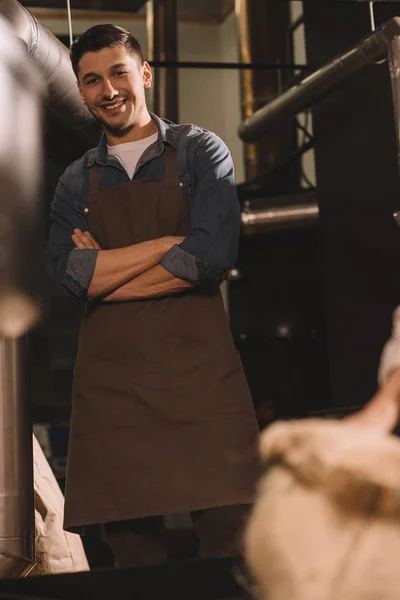 Ritratto di allegro lavoratore in grembiule con le braccia incrociate guardando la macchina fotografica — Foto stock