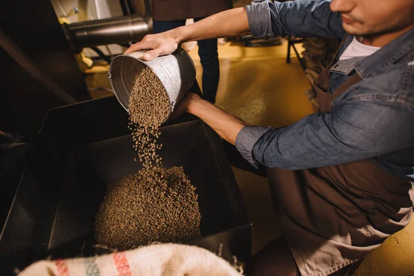 Teilansicht des Kaffeerösters, der Kaffeebohnen in Röstmaschine gießt — Stockfoto