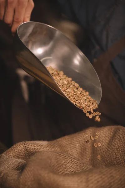 Vue partielle du travailleur ramassant des grains de café avec une cuillère en métal du sac à dos — Photo de stock