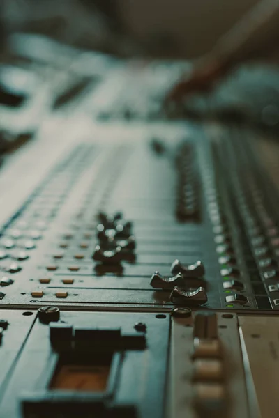 Close-up shot of analog graphic equalizer at recording studio — Stock Photo