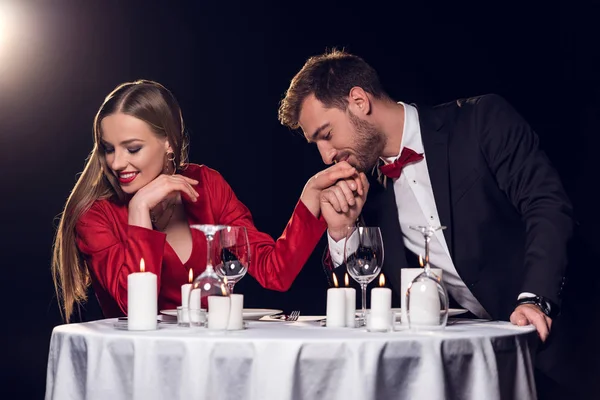 Happy beautiful couple spending time on romantic date in restaurant — Stock Photo