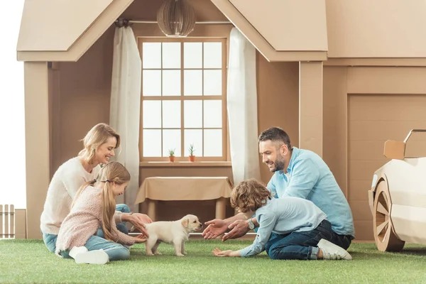 Happy family with adorable puppy on yard of cardboard house — Stock Photo