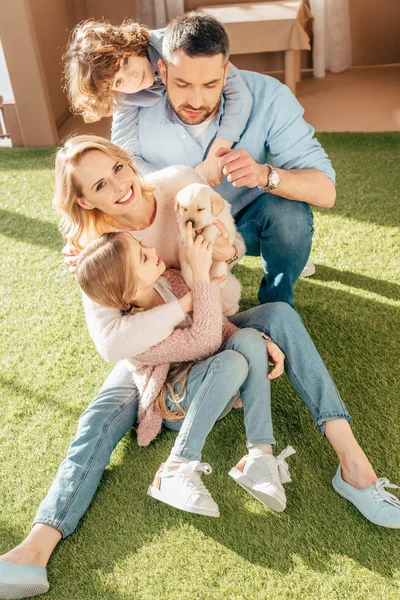 Happy young family with labrador puppy on yard of cardboard house — Stock Photo