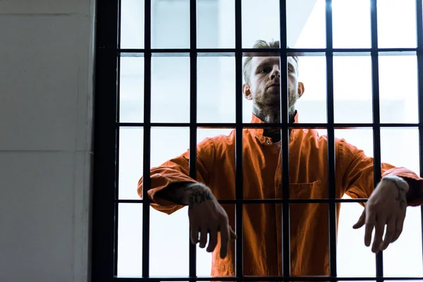Häftling legt Hände zwischen Gitter — Stockfoto