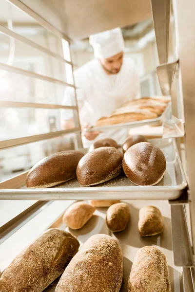 Пекарь ставит подносы со свежим хлебом на стенд при производстве выпечки — стоковое фото