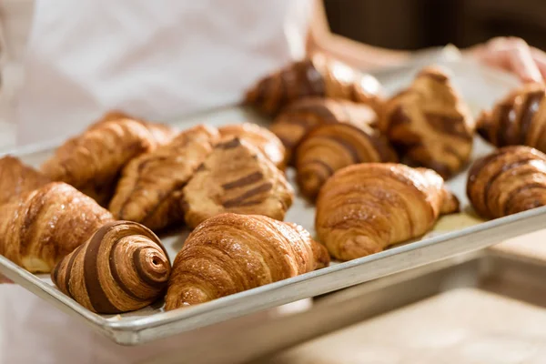 Cropped shot of baker holding tray with fresh croissants on baking manufacture — Stock Photo