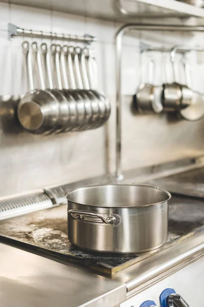 Pan on electric stove in restaurant kitchen — Stock Photo