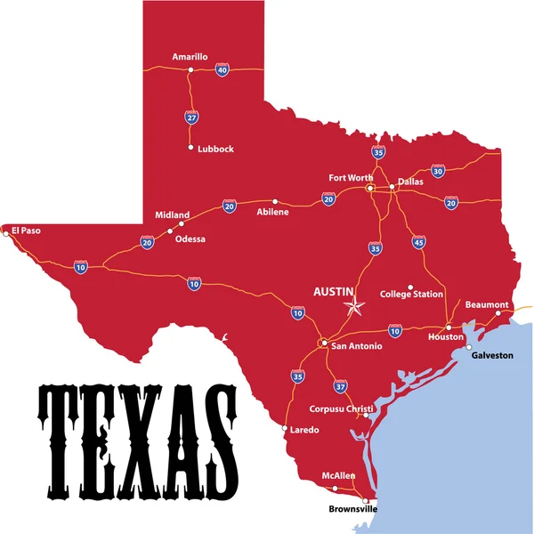 Couleur de la carte des frontières du Texas, y compris les routes principales — Image vectorielle