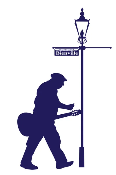 Vector Bienville Street Old Musiker mit akustischer Gitarre Silhouette lizenzfreie Stockillustrationen