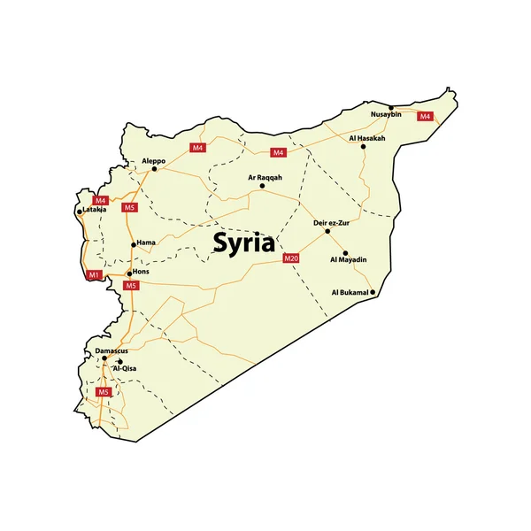 Vector Syria Map with Major Cities and Roads — Stock Vector