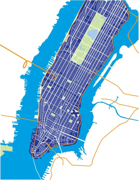 New York City - nižší a střední Manhattan - vektorové mapy tmavě modrá — Stockový vektor
