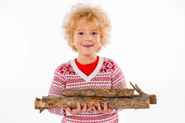 Child standing with firewood in hands — Stock Photo
