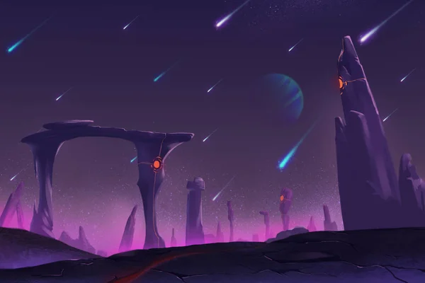 Fantastik ve egzotik Allen gezegenin çevre: gece Meteor yağmuru