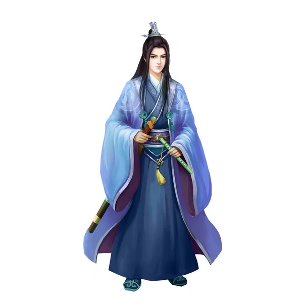 Kunstwerk der alten Chinesen: hübscher junger Mann, Gentleman, schöner Schwertkämpfer — Stockfoto